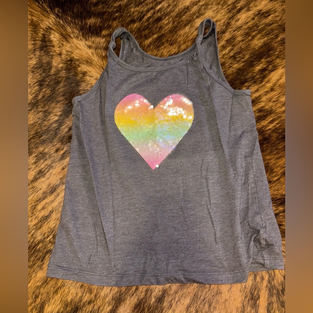 Cat & Jack Gray Tank Top with Sequin Rainbow Heart 10/12